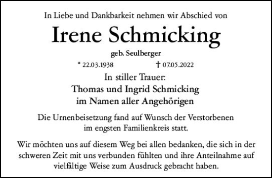 Traueranzeige von Irene Schmicking von vrm-trauer Wiesbadener Kurier