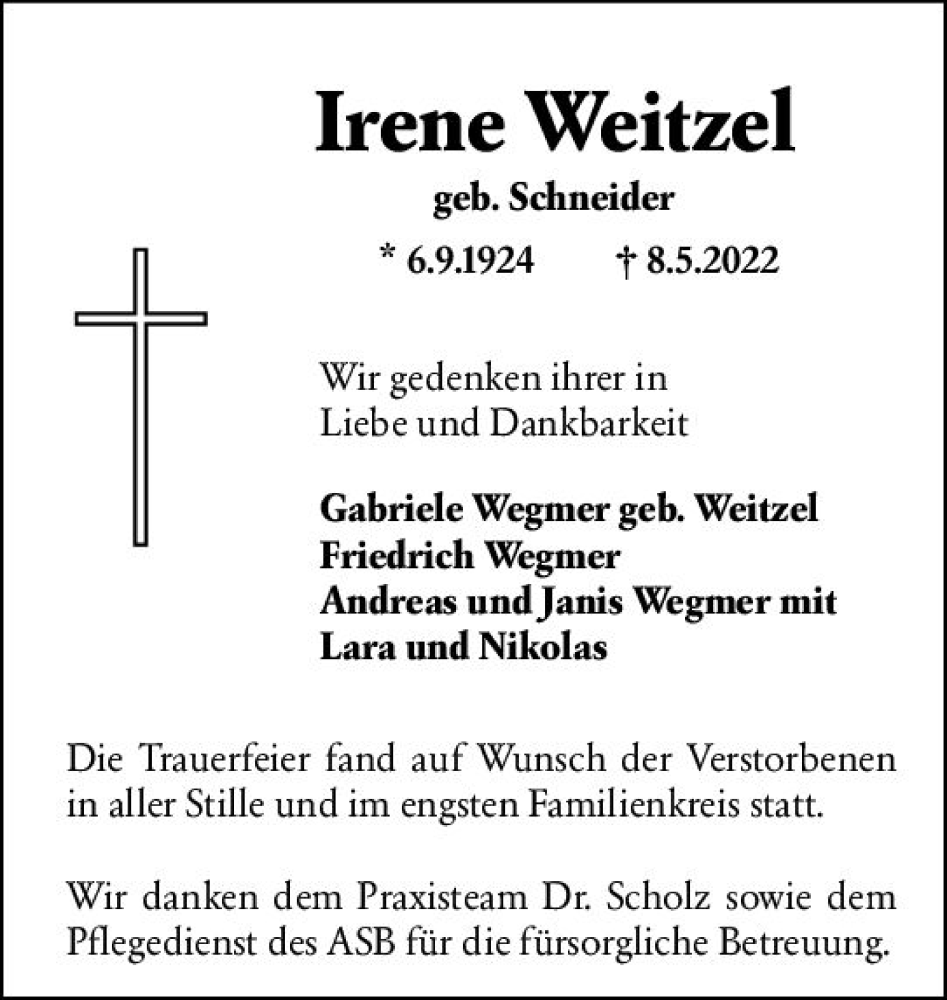 Traueranzeige für Irene Weitzel vom 14.05.2022 aus vrm-trauer Darmstädter Echo