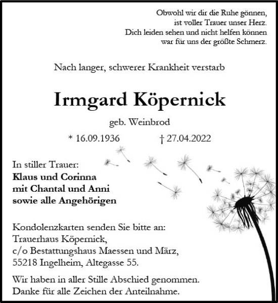 Traueranzeige von Irmgard Köpernick von vrm-trauer Allgemeine  Zeitung Ingelheim-Bingen