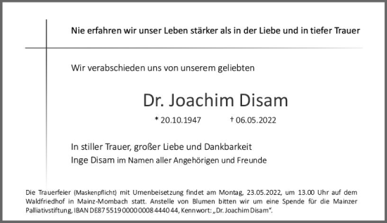 Traueranzeige von Joachim Disam von vrm-trauer AZ Mainz