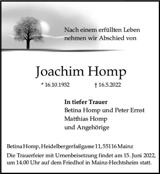 Traueranzeige von Joachim Homp von vrm-trauer AZ Mainz