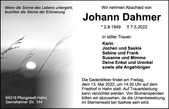 Traueranzeige von Johann Dahmer von vrm-trauer Darmstädter Echo