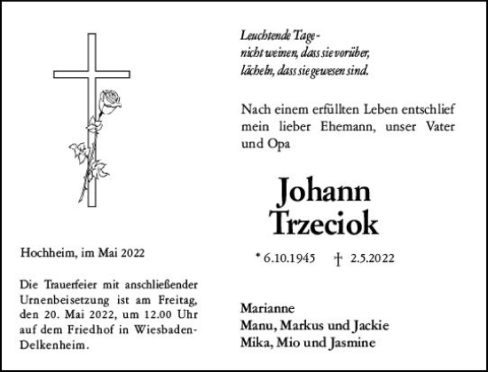 Traueranzeige von Johann Trzeciok von vrm-trauer Hochheimer Zeitung