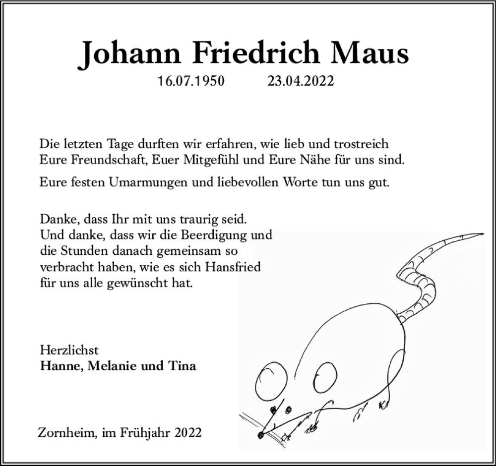  Traueranzeige für Johann Friedrich Maus vom 14.05.2022 aus vrm-trauer AZ Mainz