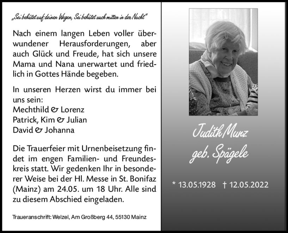  Traueranzeige für Judith Munz vom 21.05.2022 aus vrm-trauer AZ Mainz