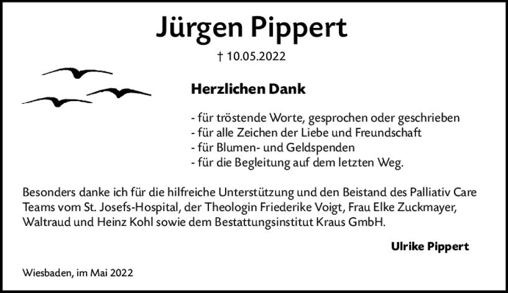  Traueranzeige für Jürgen Pippert vom 28.05.2022 aus vrm-trauer Wiesbadener Kurier