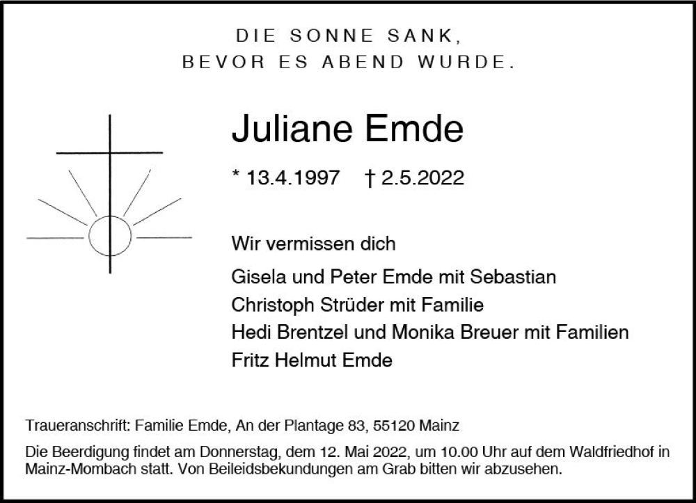  Traueranzeige für Juliane Emde vom 07.05.2022 aus vrm-trauer AZ Mainz