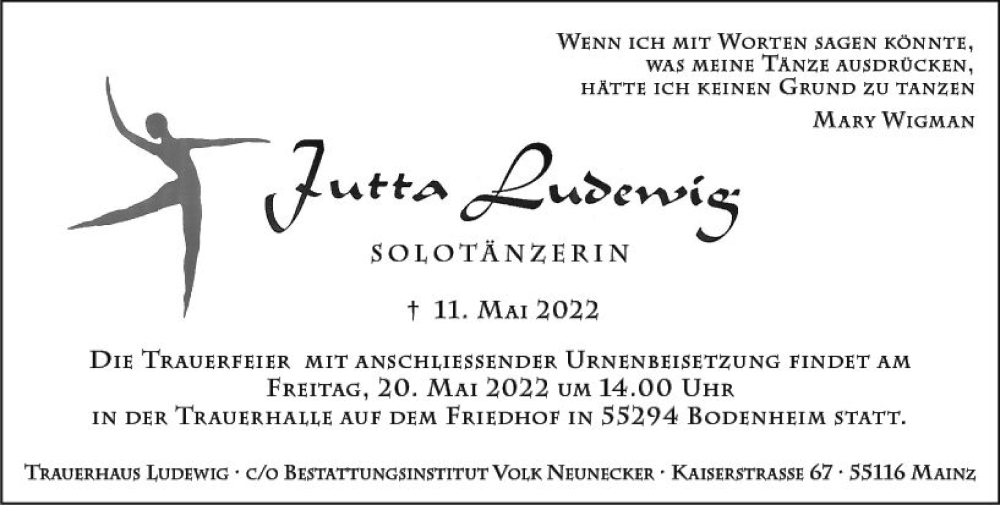  Traueranzeige für Jutta Ludewig vom 14.05.2022 aus vrm-trauer AZ Mainz