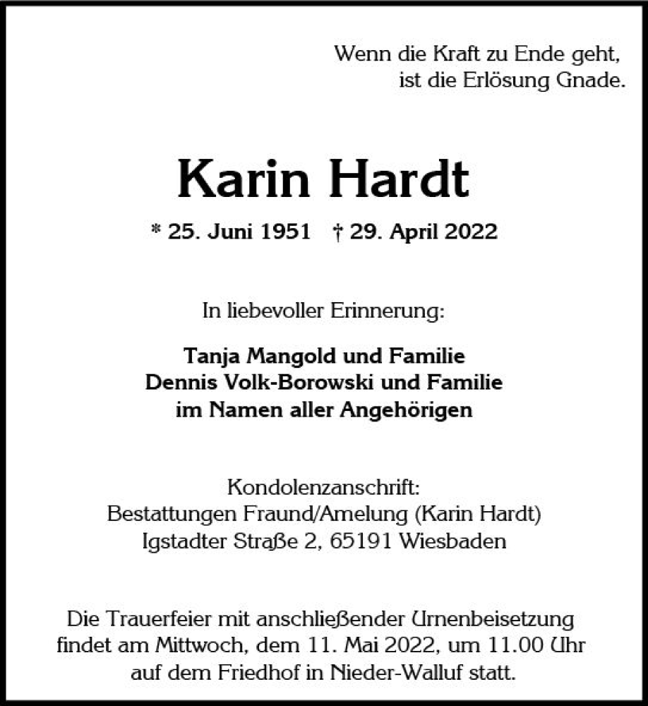  Traueranzeige für Karin Hardt vom 04.05.2022 aus vrm-trauer Wiesbadener Kurier