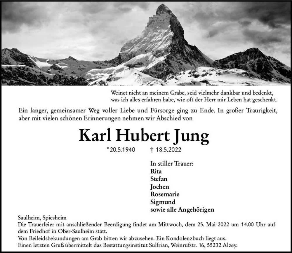  Traueranzeige für Karl Hubert Jung vom 21.05.2022 aus vrm-trauer Allgemeine Zeitung Alzey