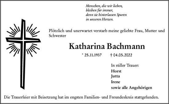 Traueranzeige von Katharina Bachmann von vrm-trauer Wiesbadener Kurier
