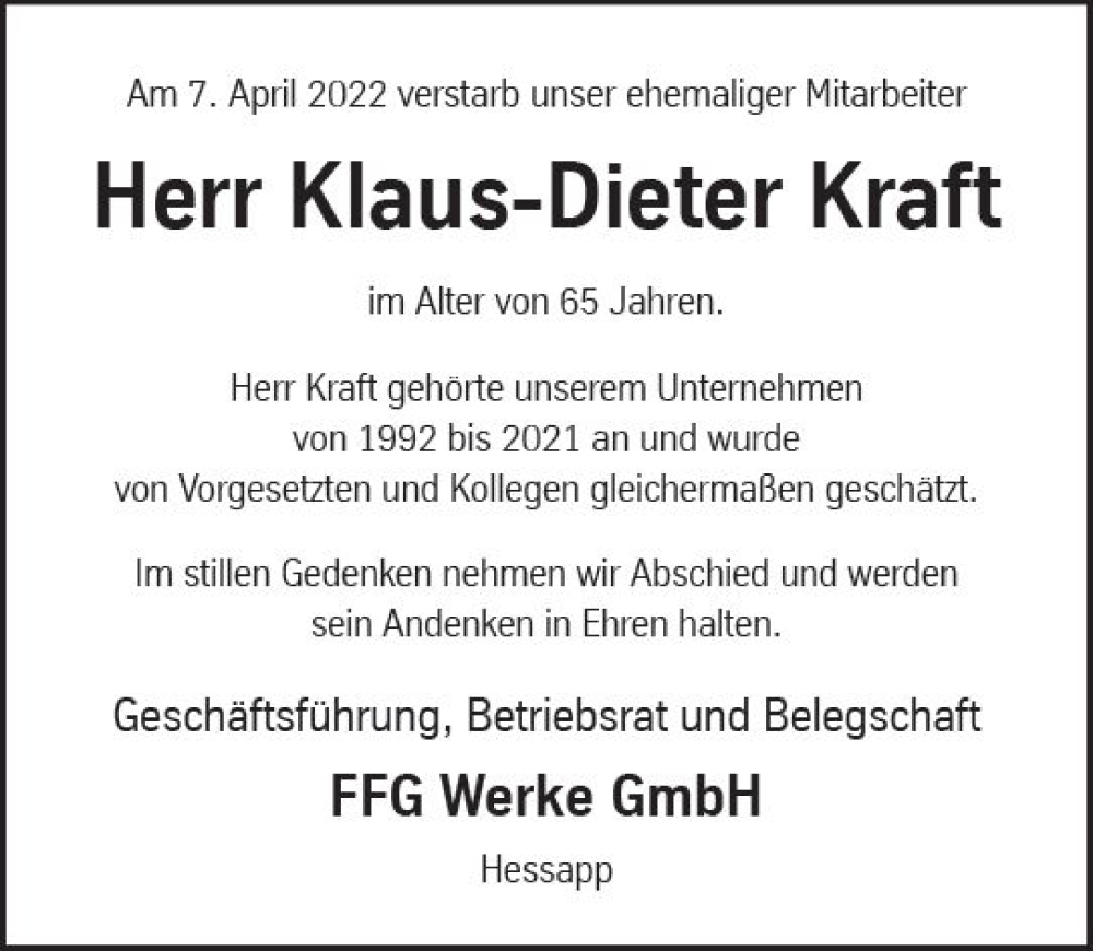  Traueranzeige für Klaus-Dieter Kraft vom 14.05.2022 aus vrm-trauer WK-UTA