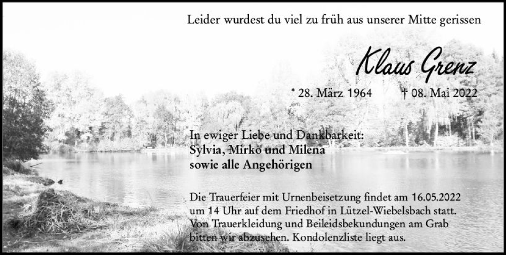  Traueranzeige für Klaus Grenz vom 12.05.2022 aus vrm-trauer Odenwälder Echo