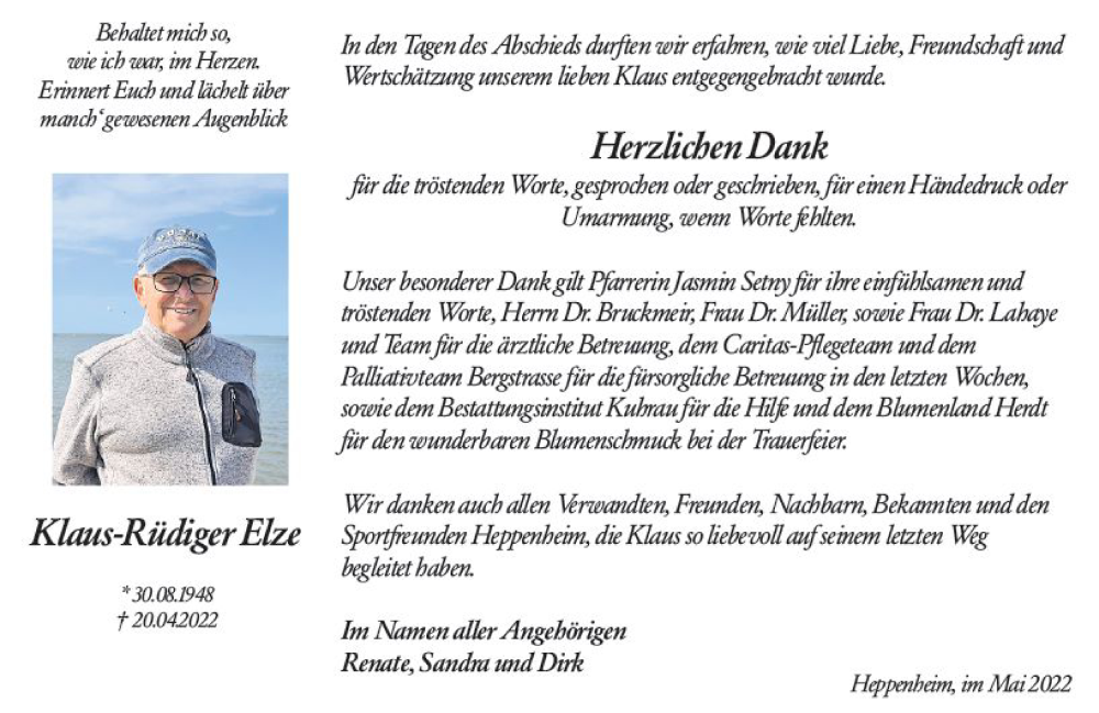  Traueranzeige für Klaus-Rüdiger Elze vom 14.05.2022 aus vrm-trauer Bürstädter/Lamperth. Ztg/Starkenburger