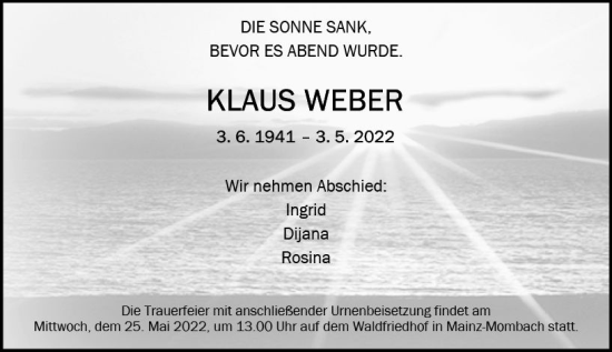 Traueranzeige von Klaus Weber von vrm-trauer AZ Mainz