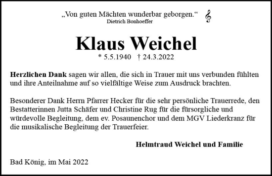 Traueranzeige von Klaus Weichel von vrm-trauer Odenwälder Echo