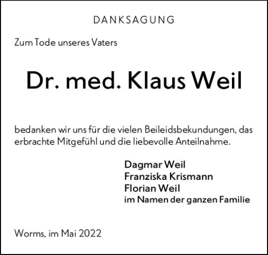 Traueranzeige von Klaus Weil von vrm-trauer Wormser Zeitung