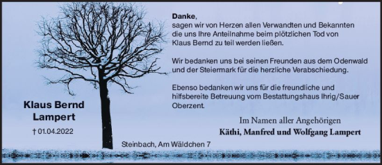 Traueranzeige von Klaus Bernd Lampert von vrm-trauer Odenwälder Echo
