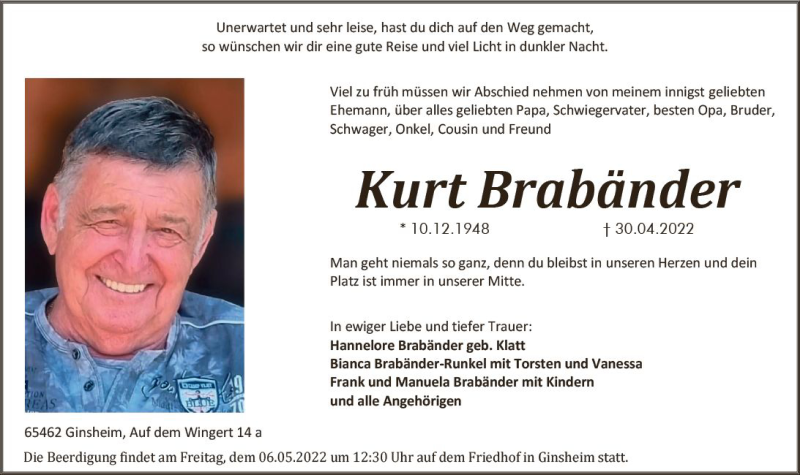  Traueranzeige für Kurt Brabänder vom 03.05.2022 aus vrm-trauer AZ Mainz