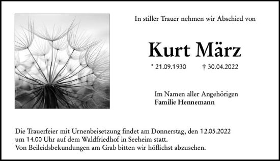 Traueranzeige von Kurt März von vrm-trauer Darmstädter Echo