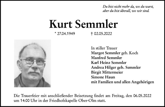 Traueranzeige von Kurt Semmler von vrm-trauer AZ Mainz