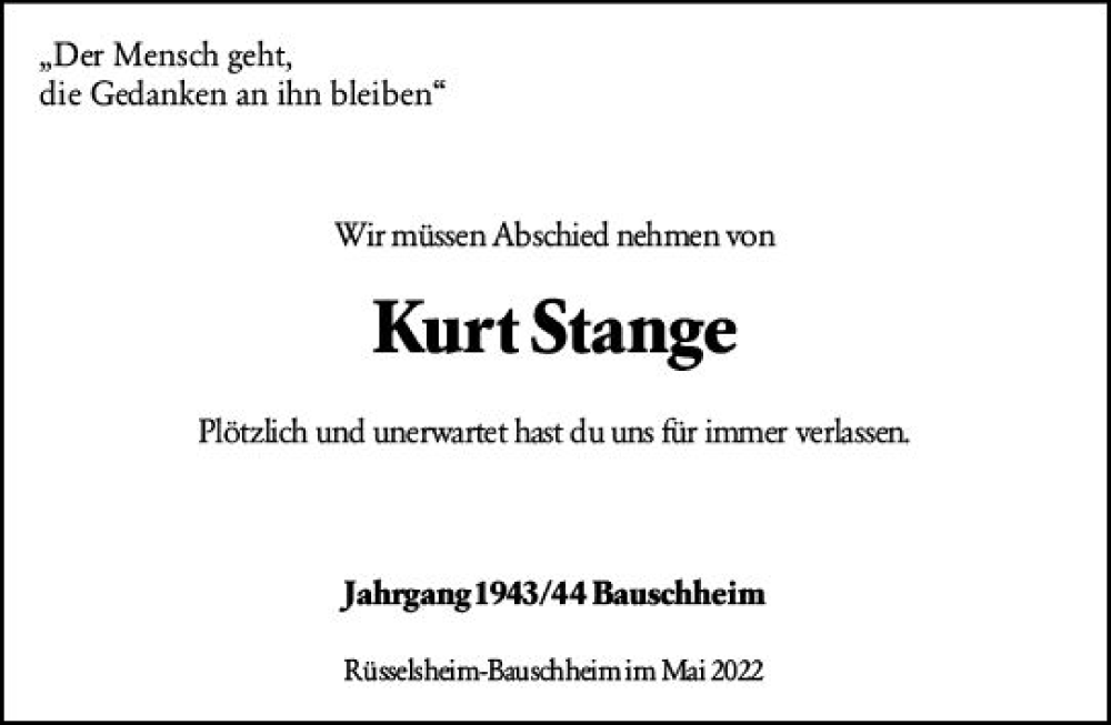  Traueranzeige für Kurt Stange vom 14.05.2022 aus vrm-trauer Rüsselsheimer Echo / MainSpitze