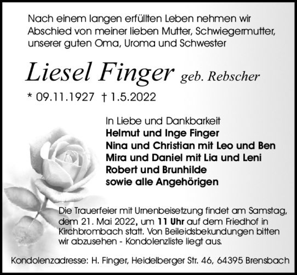  Traueranzeige für Liesel Finger vom 14.05.2022 aus vrm-trauer Odenwälder Echo