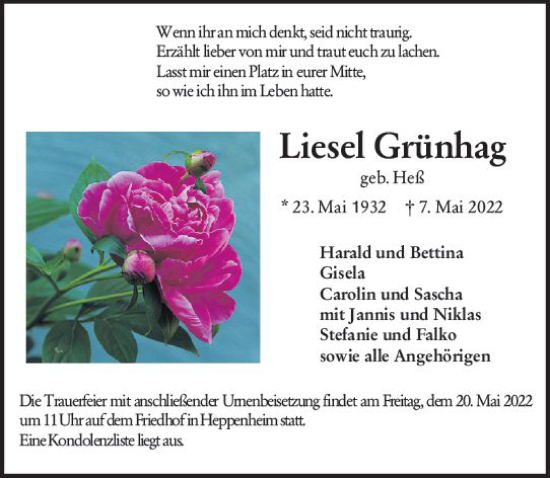 Traueranzeige von Liesel Grünhag von vrm-trauer Bürstädter/Lamperth. Ztg/Starkenburger
