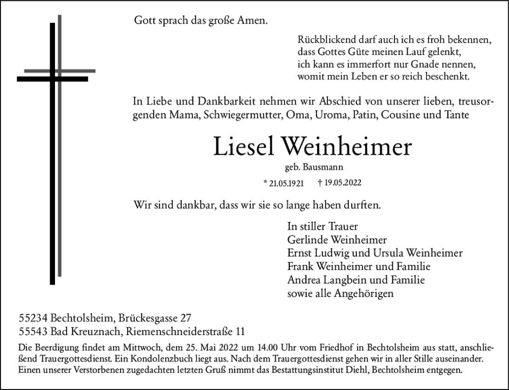  Traueranzeige für Liesel Weinheimer vom 23.05.2022 aus vrm-trauer Allgemeine Zeitung Alzey