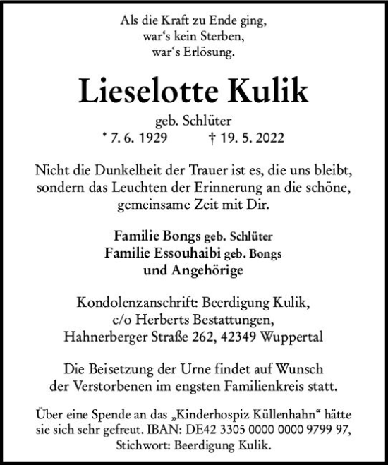 Traueranzeige von Lieselotte Kulik von vrm-trauer Wiesbadener Kurier