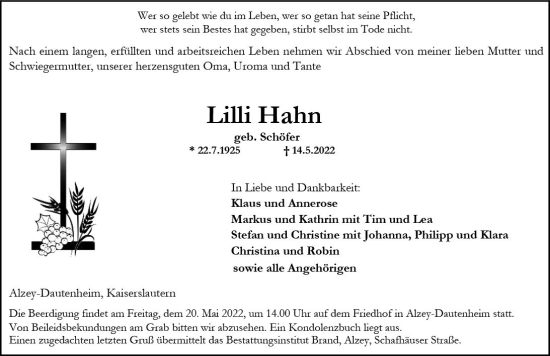 Traueranzeige von Lilli Hahn von vrm-trauer Allgemeine Zeitung Alzey