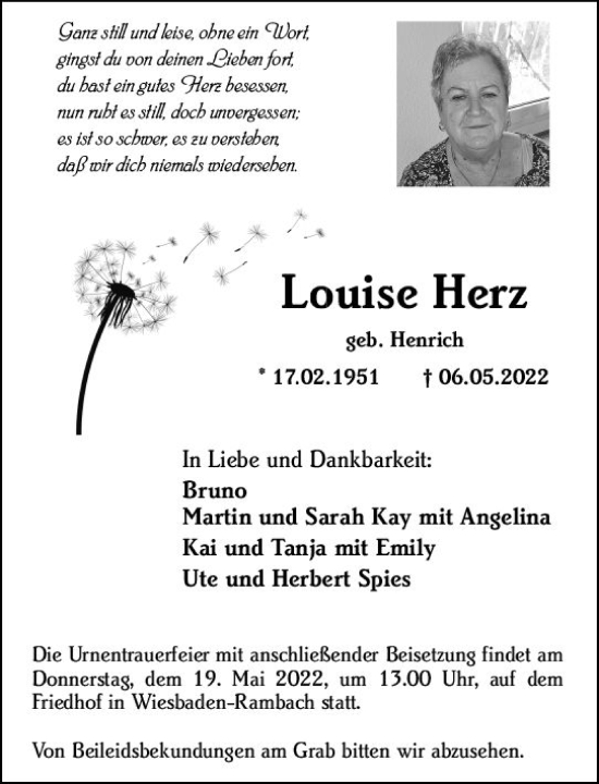 Traueranzeige von Louise Herz von vrm-trauer Wiesbadener Kurier