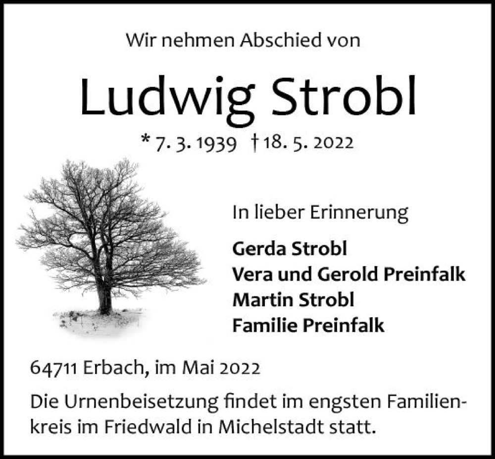  Traueranzeige für Ludwig Strobl vom 28.05.2022 aus vrm-trauer Odenwälder Echo