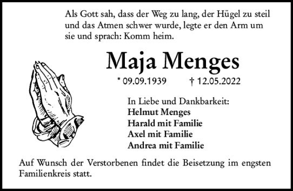  Traueranzeige für Maja Menges vom 21.05.2022 aus vrm-trauer Odenwälder Echo