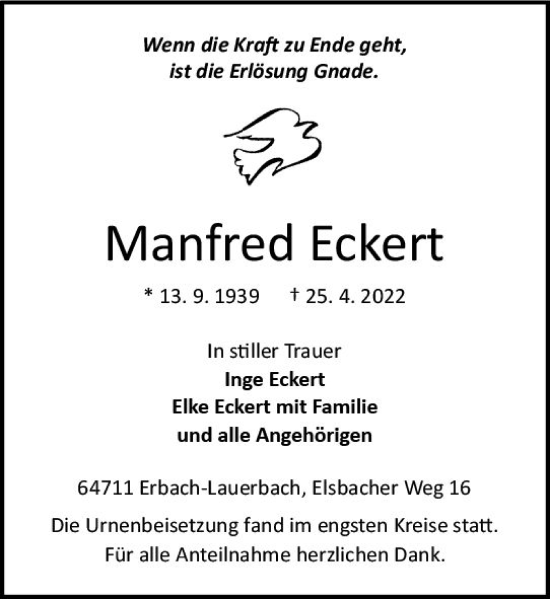 Traueranzeige von Manfred Eckert von vrm-trauer Odenwälder Echo
