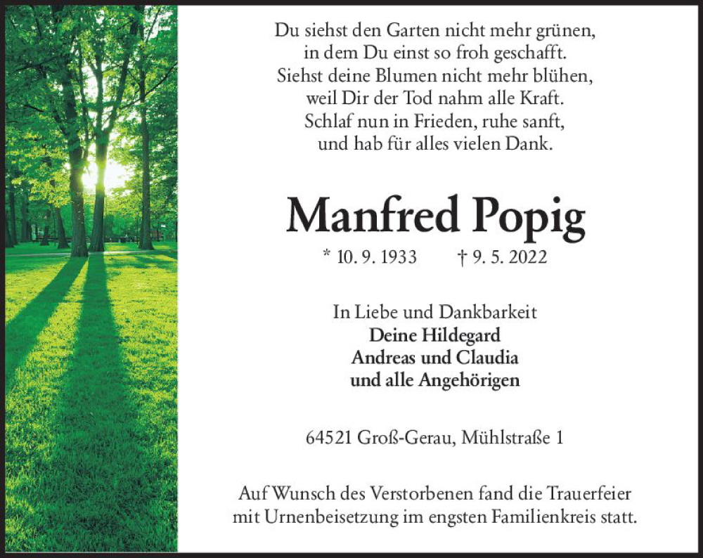  Traueranzeige für Manfred Popig vom 21.05.2022 aus vrm-trauer Groß-Gerauer Echo