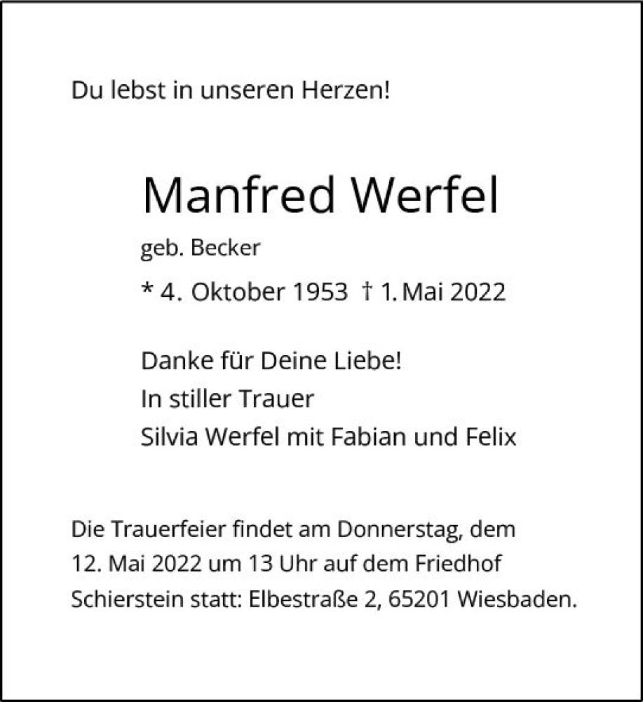  Traueranzeige für Manfred Werfel vom 07.05.2022 aus vrm-trauer Wiesbadener Kurier