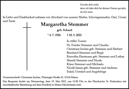 Traueranzeige von Margaretha Stemmer von vrm-trauer AZ Mainz