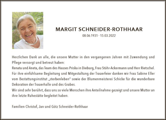Traueranzeige von Margit Schneider-Rothaar von vrm-trauer Darmstädter Echo