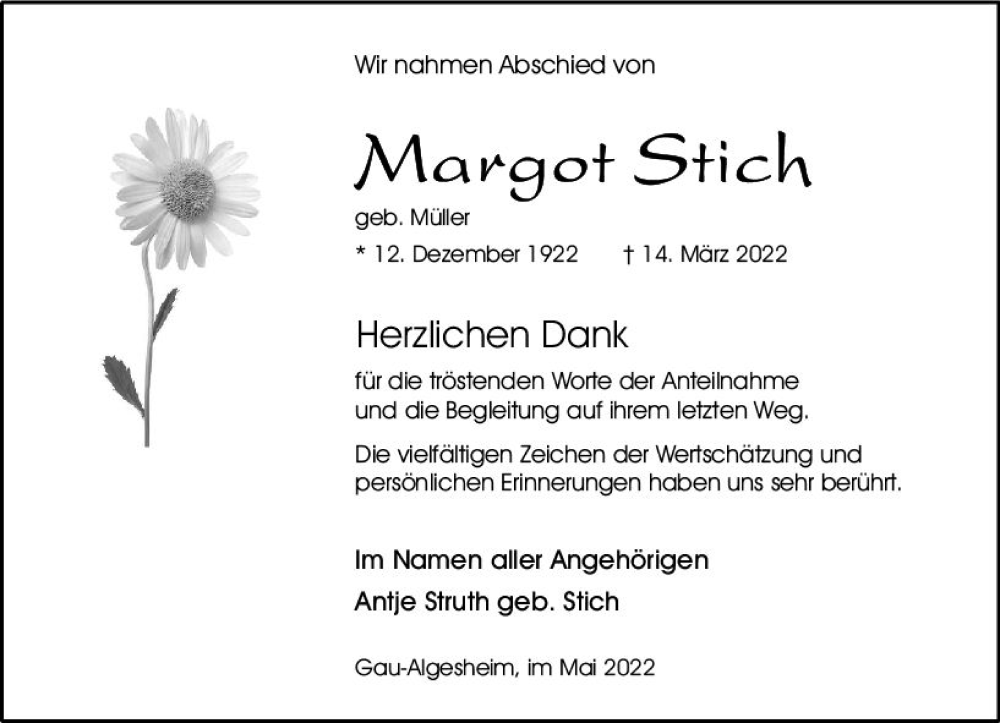  Traueranzeige für Margot Stich vom 07.05.2022 aus vrm-trauer Allgemeine  Zeitung Ingelheim-Bingen