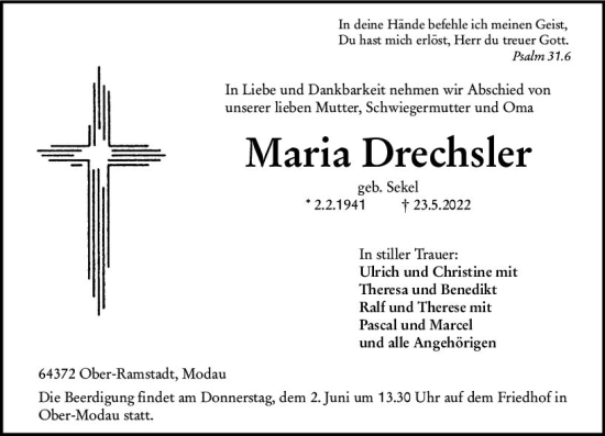 Traueranzeige von Maria Drechsler von vrm-trauer Darmstädter Echo
