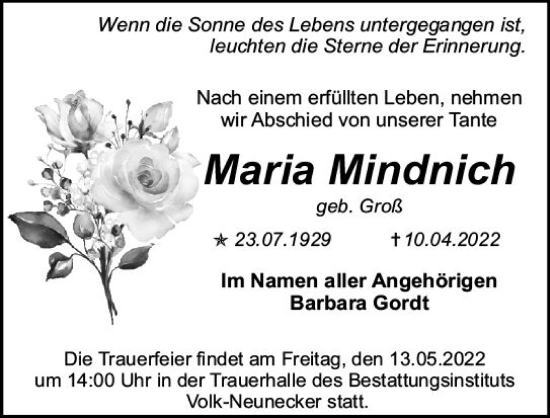 Traueranzeige von Maria Mindnich von vrm-trauer AZ Mainz