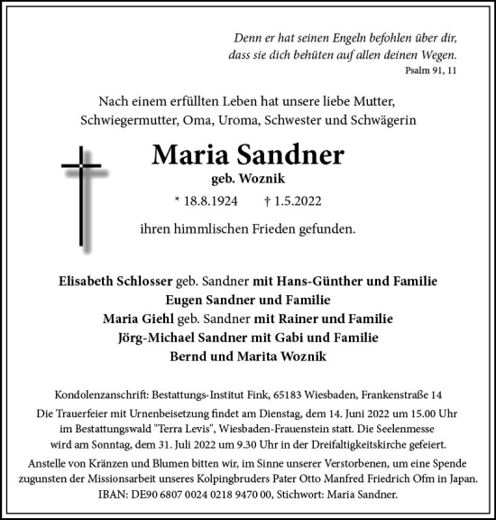 Traueranzeige von Maria Sandner von vrm-trauer Wiesbadener Kurier