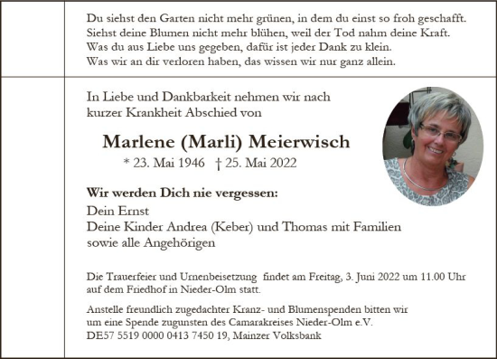 Traueranzeige von Marlene Meierwisch von vrm-trauer AZ Mainz