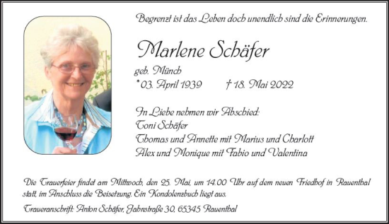 Traueranzeige von Marlene Schäfer von vrm-trauer Wiesbadener Kurier