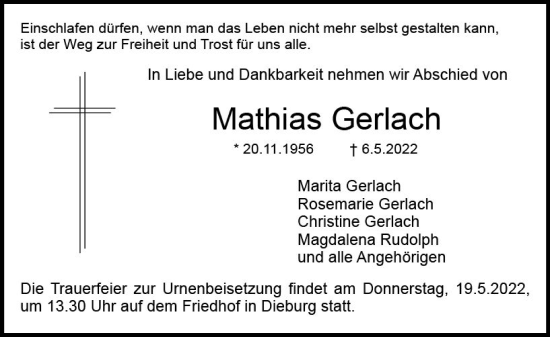 Traueranzeige von Mathias Gerlach von vrm-trauer DieburgerAnzeiger/Groß-Zimmerner Lokala