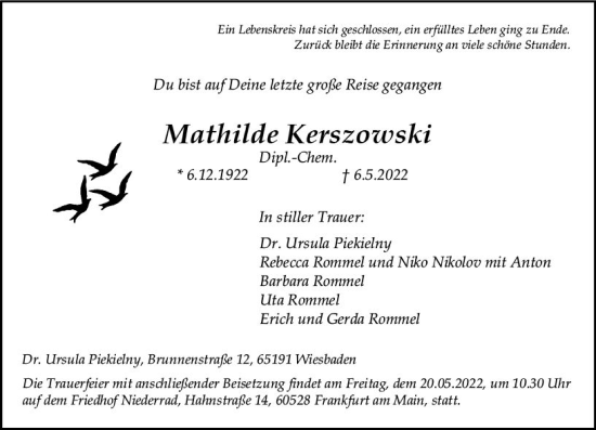 Traueranzeige von Mathilde Kerszowski von vrm-trauer Wiesbadener Kurier