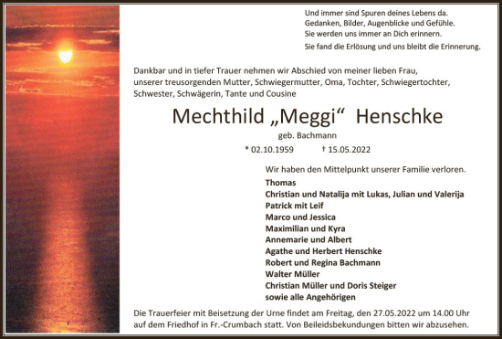 Traueranzeige von Mechthild Henschke von vrm-trauer Odenwälder Echo