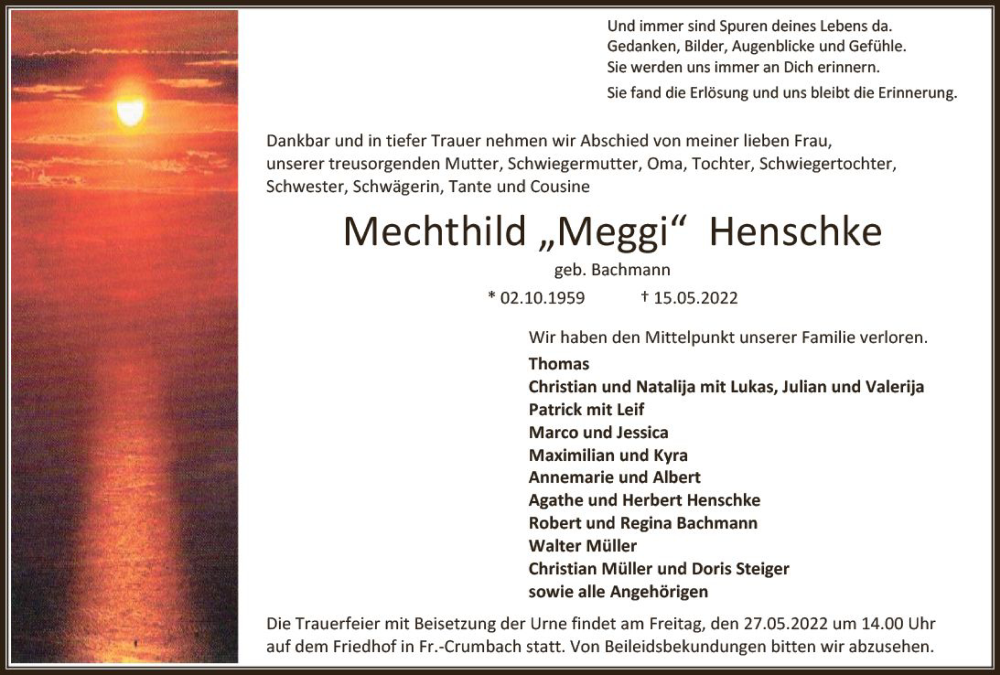  Traueranzeige für Mechthild Henschke vom 21.05.2022 aus vrm-trauer Odenwälder Echo