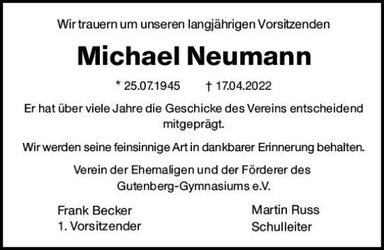 Traueranzeige von Michael Neumann von vrm-trauer AZ Mainz